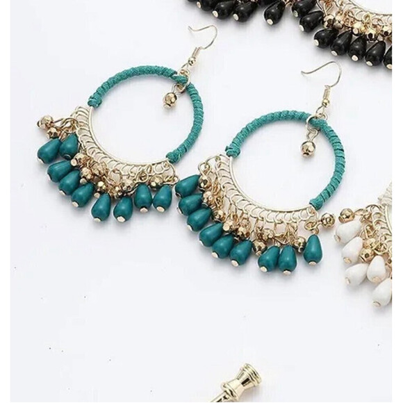 Woven Bohemian Tasseled Earrings In Teal - Picture 6 of 6